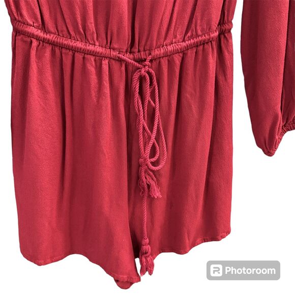 Deep Red Long Sleeve Short Romper with Drawstring waist and neckline Size XS - Picture 5 of 7
